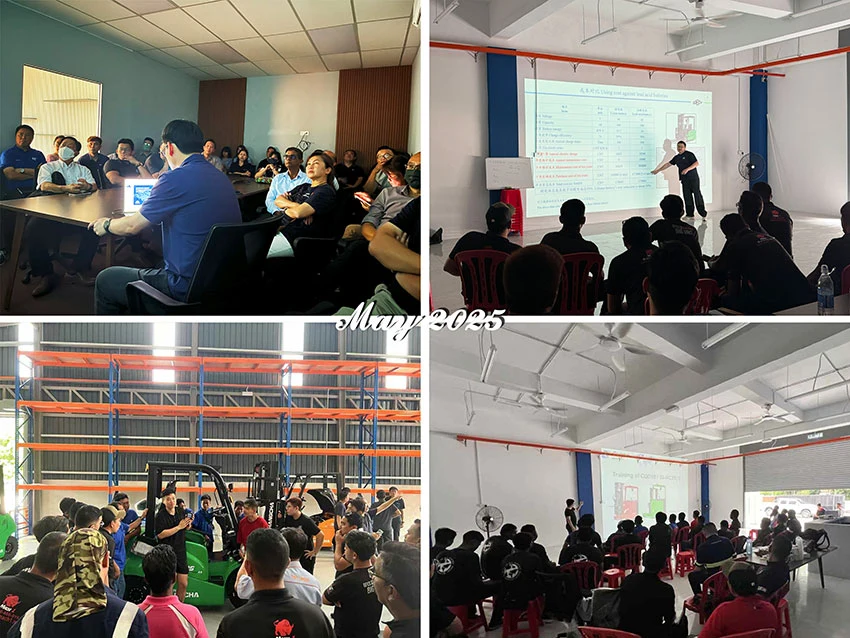 Ảnh ghép các buổi học kỹ thuật và hướng dẫn bên xe nâng hàng trong chương trình dịch vụ Hangcha năm 2025.